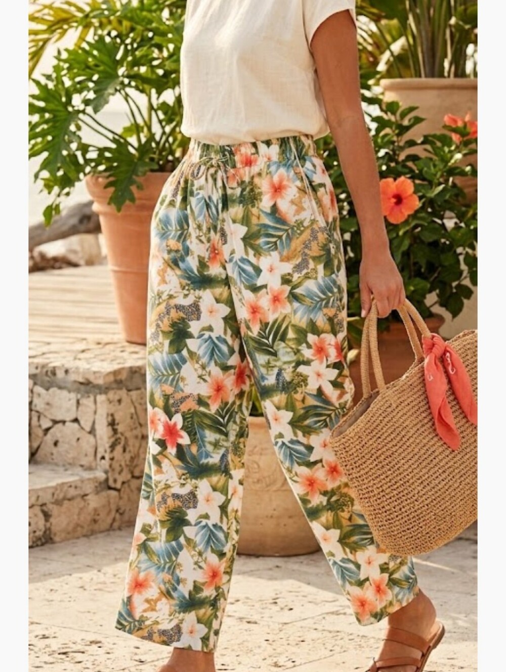Panama Jack Floral Wide Leg Pull-On Pants in White, Green & Coral